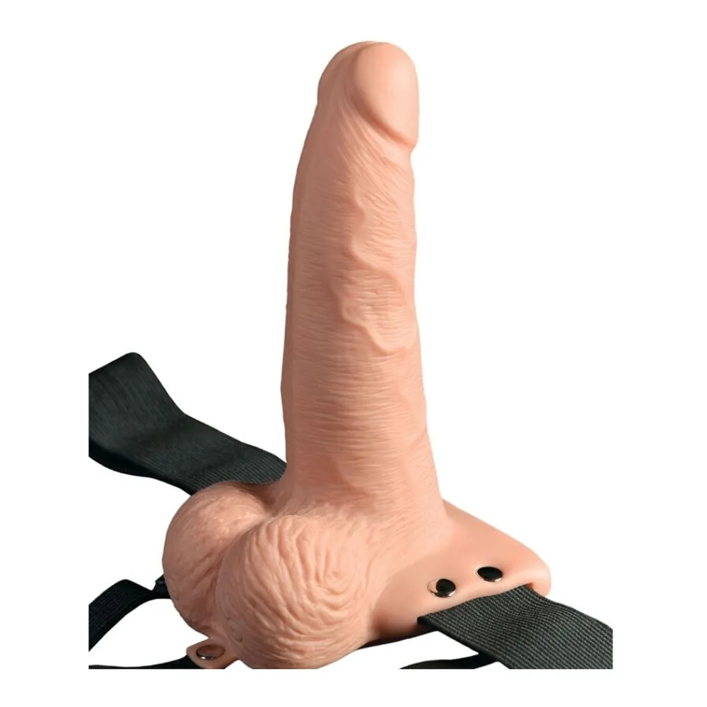 Gode creux vibrant en silicone chair avec texture réaliste, socle arrondi, présenté avec harnais élastique noir