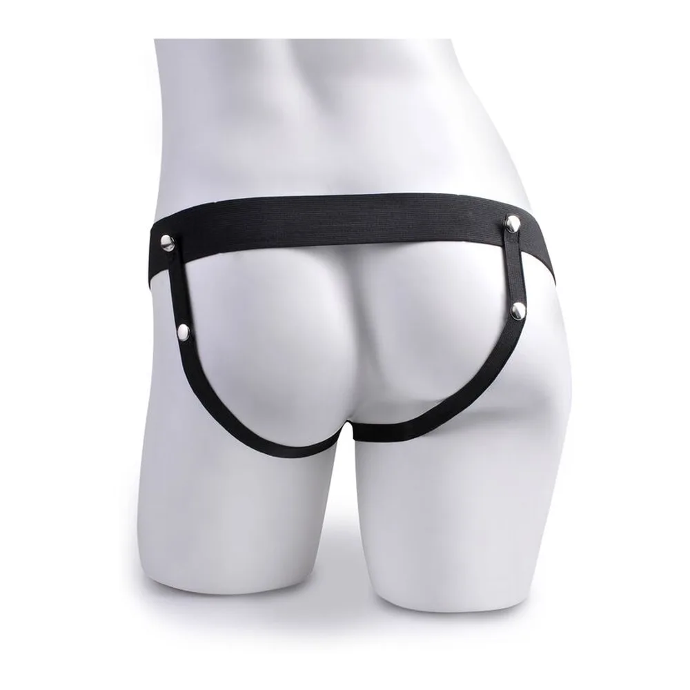 Gode-ceinture en silicone rose chair avec testicules-réservoir rouges, sangle noire ajustable, vue de face montrant l'ouverture centrale