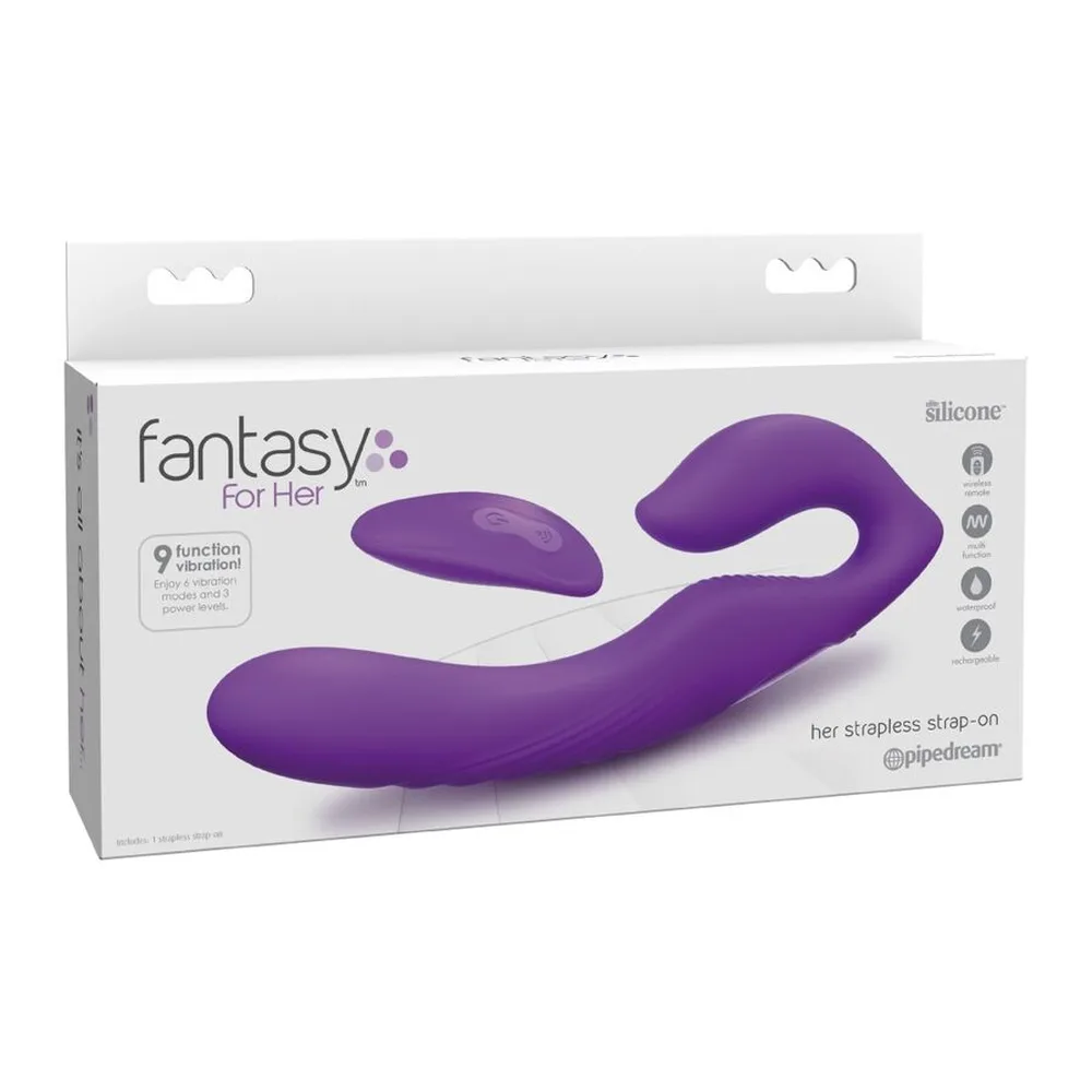 Strap-on violet sans harnais en silicone, forme courbe asymétrique avec deux sections arrondies, l'une plus petite et l'autre plus allongée, surface lisse et brillante sur fond blanc