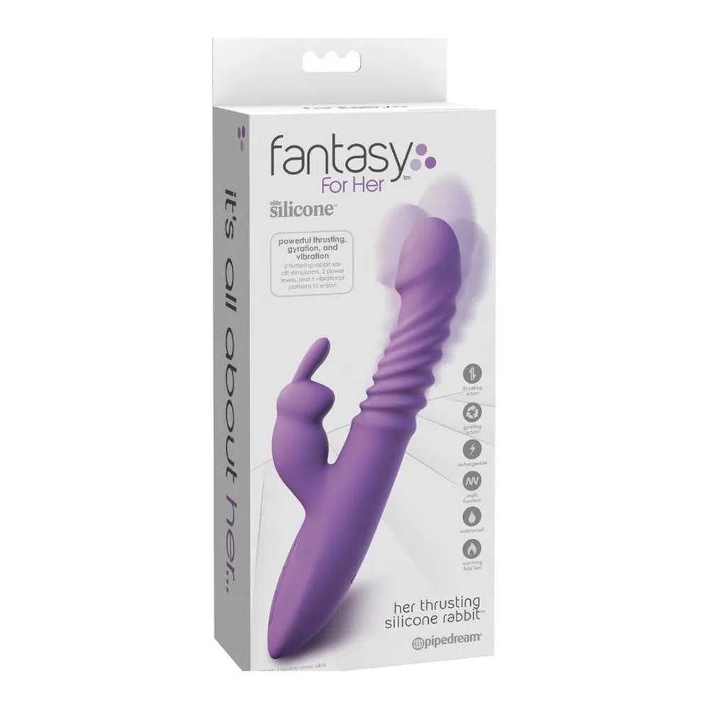 Emballage du stimulateur rabbit Fantasy For Her en silicone violet, montrant le produit à travers une fenêtre transparente avec ses deux bras articulés et ses oreilles vibrantes