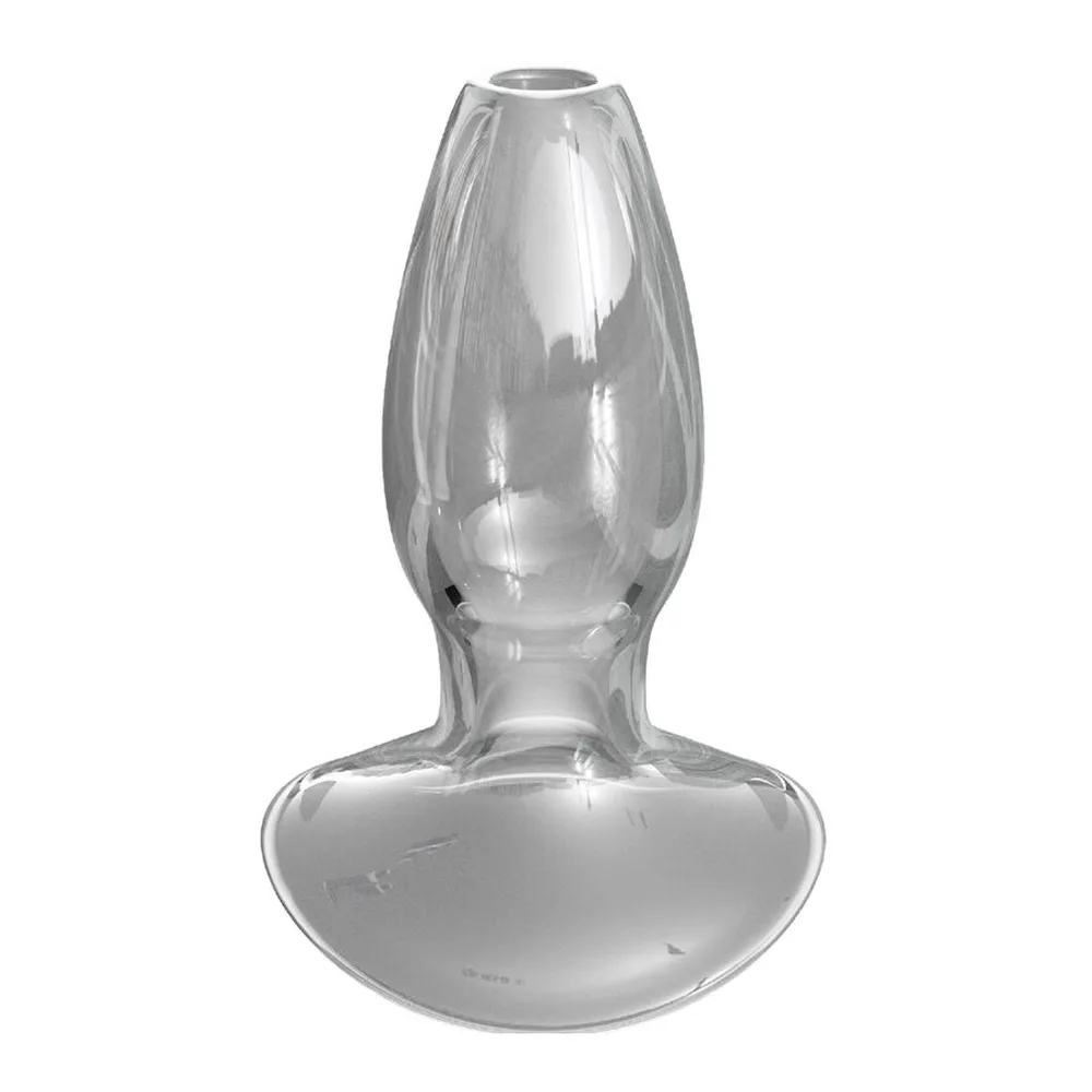 Plug anal transparent en verre, forme conique avec base élargie et ouverture centrale, sur fond blanc