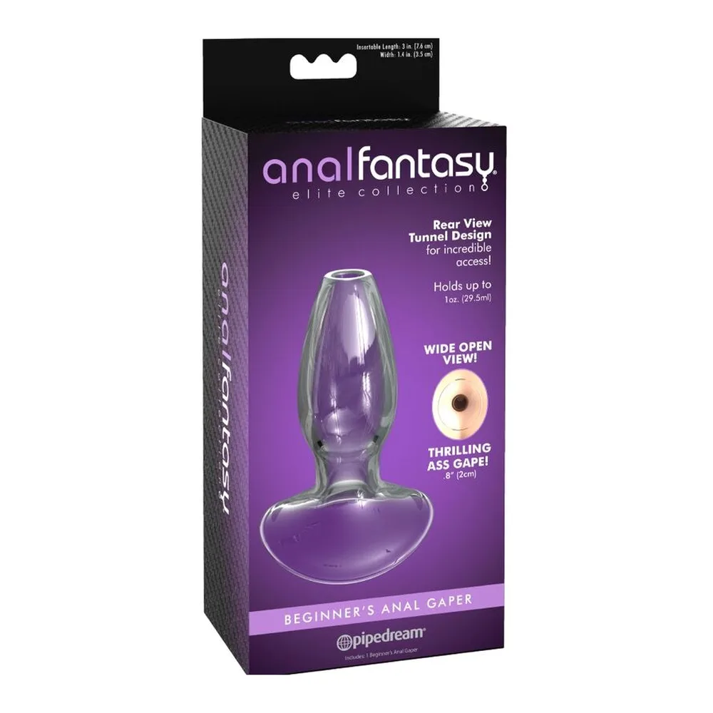 Plug anal transparent en verre, forme conique avec base élargie et ouverture centrale, sur fond blanc