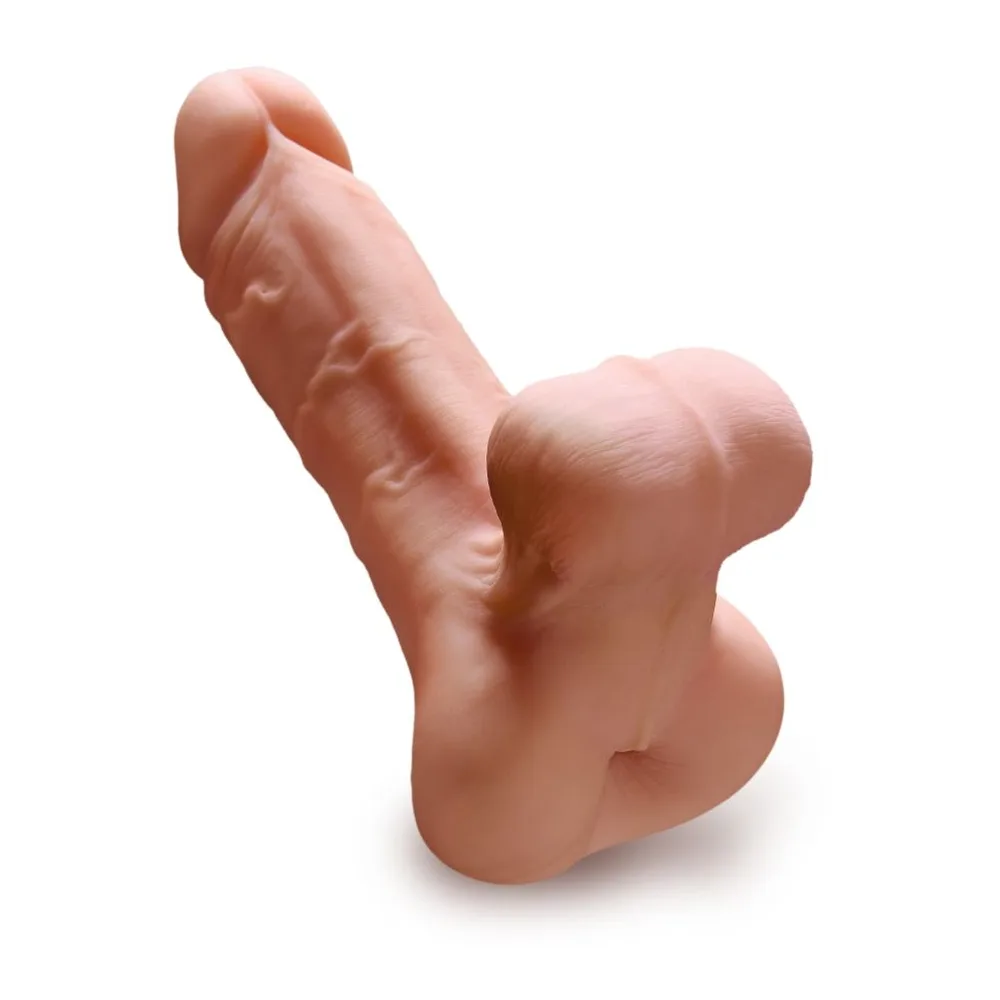 Masturbateur en silicone chair avec texture intérieure, phallus réaliste en relief servant de poignée, base arrondie, fond blanc