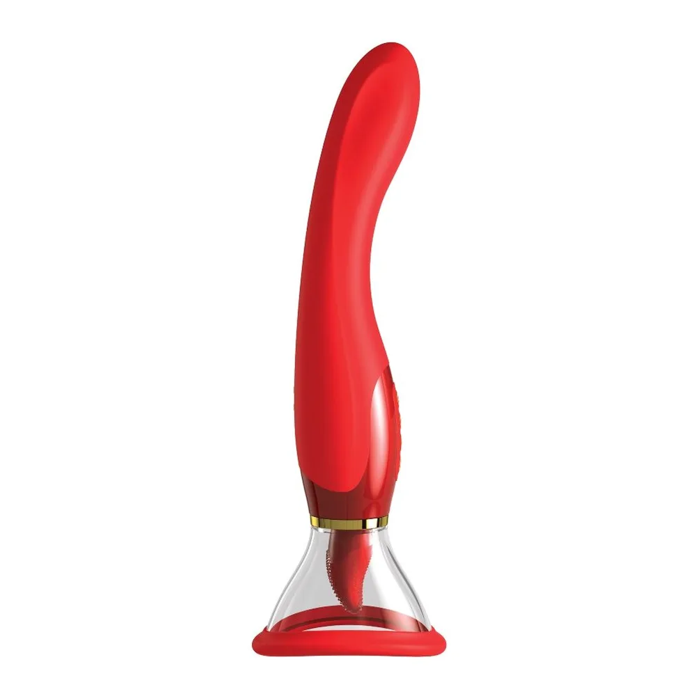 Vibromasseur rouge en silicone avec col doré, corps incurvé et base ventouse, sur fond blanc