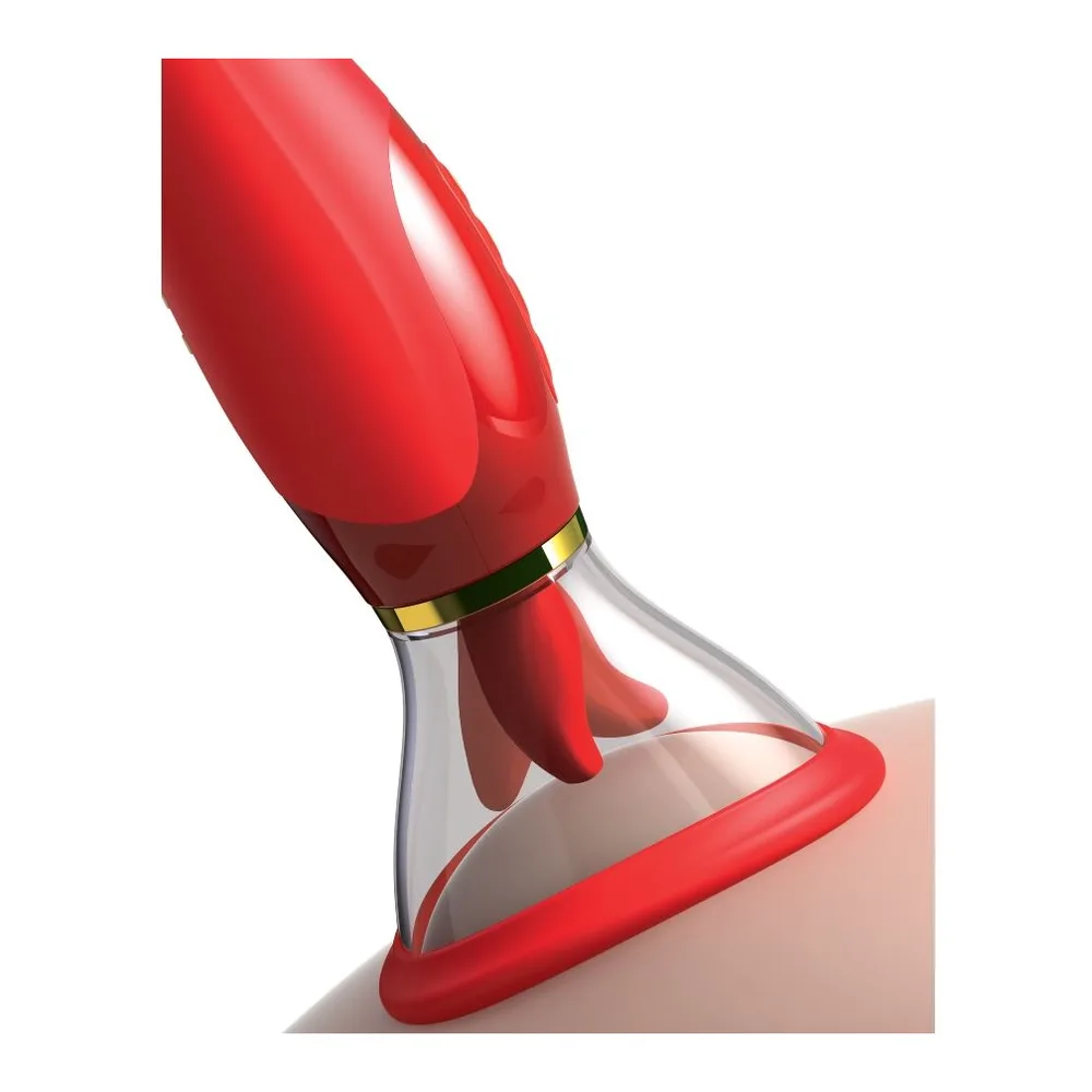 Vibromasseur rouge en silicone avec col doré, corps incurvé et base ventouse, sur fond blanc