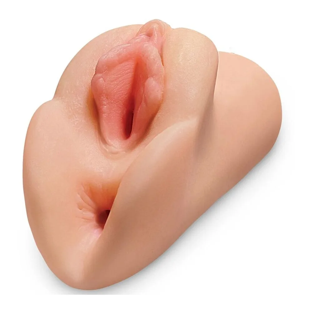 Masturbateur en silicone beige clair avec deux orifices texturés côte à côte, format compact de poche sur fond blanc