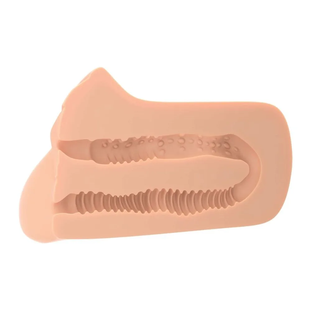 Masturbateur en silicone chair avec deux canaux texturés côte à côte, l'un à relief ondulé et l'autre à nervures, sur fond blanc