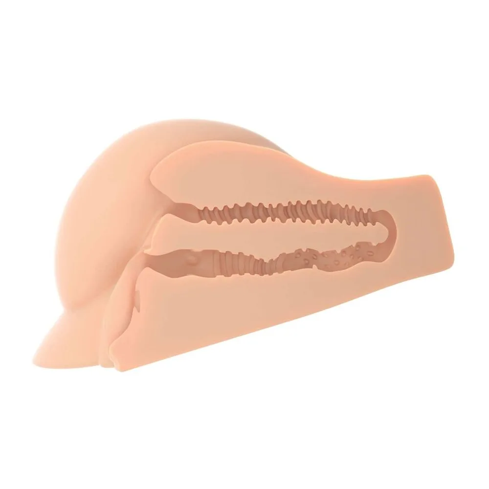 Masturbateur double en silicone terracotta avec deux orifices texturés côte à côte, manchon fermé sur fond blanc
