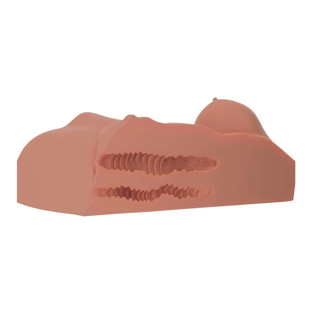 Masturbateur torse en silicone chair avec deux tunnels distincts, poitrine proéminente et détails anatomiques, fond gris neutre