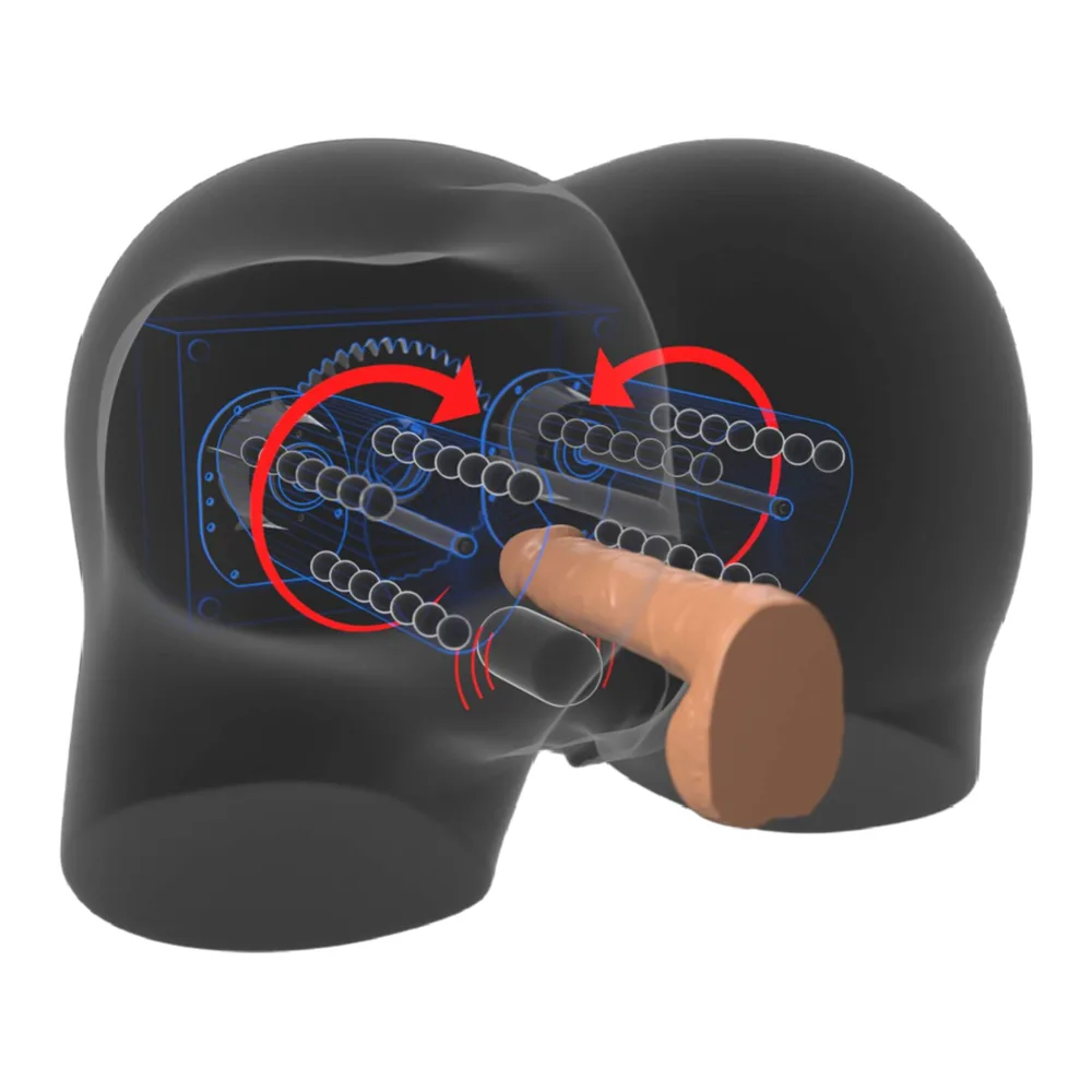 Masturbateur en silicone chair avec formes généreuses, deux lobes distincts et détails anatomiques, accompagné d'une télécommande noire filaire avec boutons de contrôle, sur fond blanc