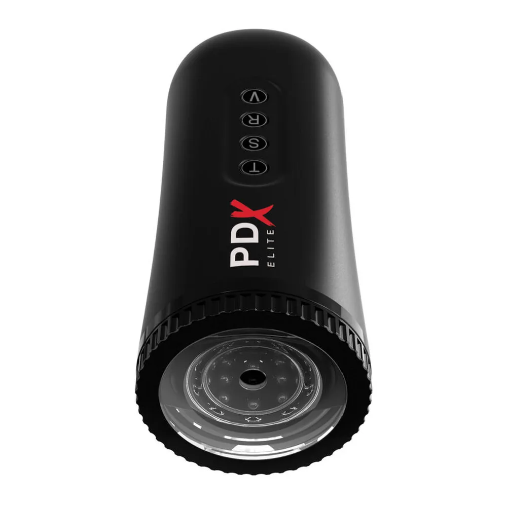 Masturbateur noir PDX Elite cylindrique avec embout transparent, boutons de contrôle en haut et logo sur le corps, fond blanc