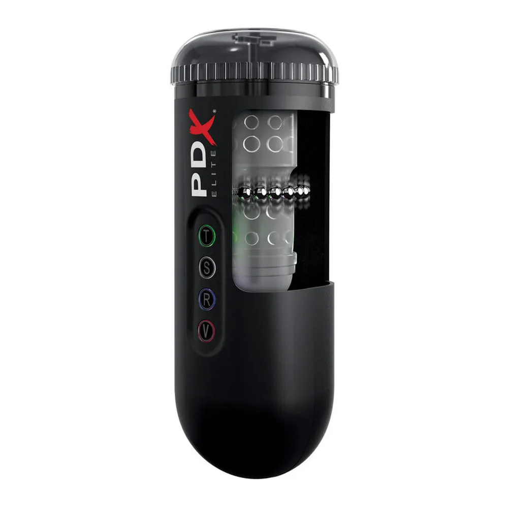 Masturbateur noir PDX Elite cylindrique avec embout transparent, boutons de contrôle en haut et logo sur le corps, fond blanc