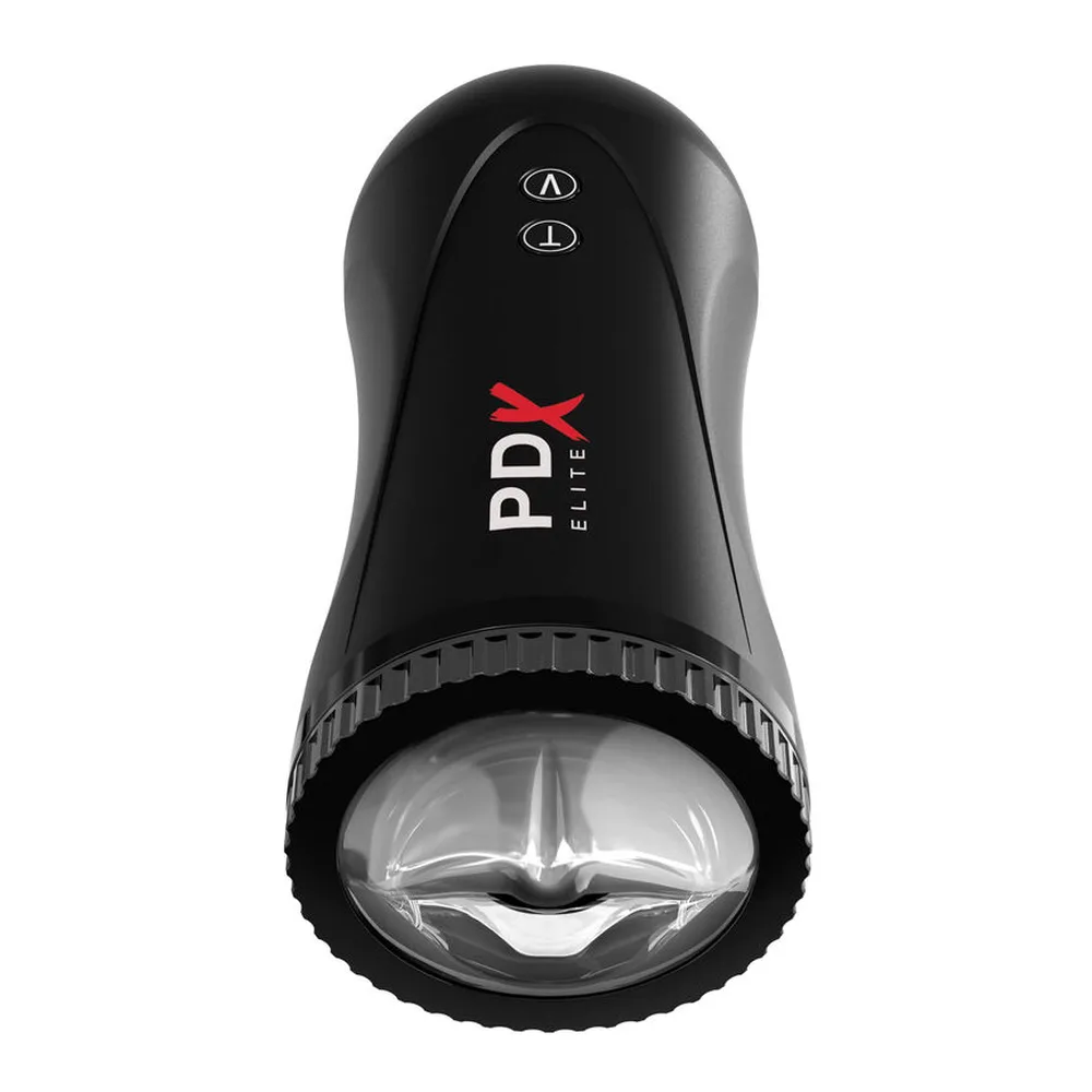 Masturbateur noir PDX Elite avec corps cylindrique texturé, anneau de serrage rainuré en bas et deux boutons de commande en haut sur fond blanc