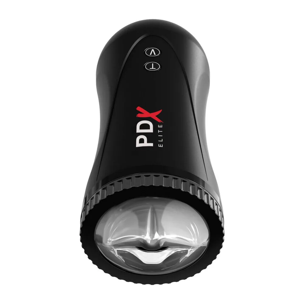 Masturbateur noir PDX Elite avec corps cylindrique texturé, anneau de serrage rainuré en bas et deux boutons de commande en haut sur fond blanc