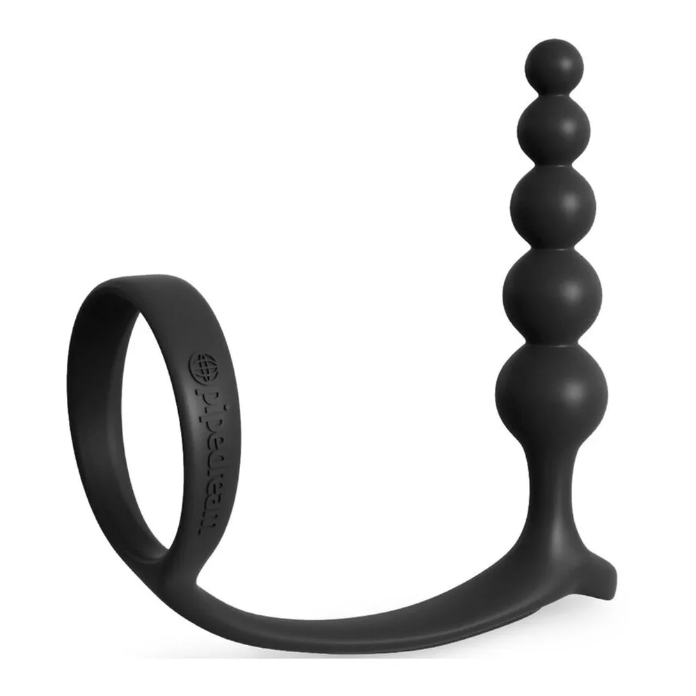 Cockring en silicone noir avec anneau large prolongé d'une tige supportant cinq perles progressives de forme bulbeuse, sur fond blanc