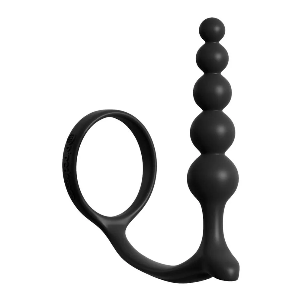 Cockring en silicone noir avec anneau large prolongé d'une tige supportant cinq perles progressives de forme bulbeuse, sur fond blanc