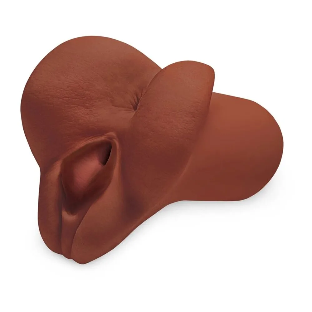 Masturbateur double en silicone terracotta avec deux orifices texturés côte à côte, manchon fermé sur fond blanc
