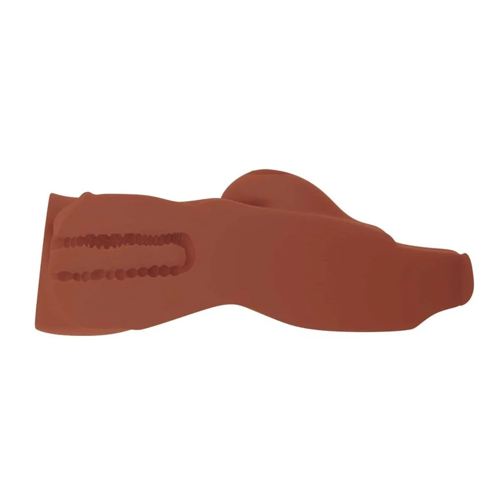 Masturbateur en silicone brun en forme de torse sans tête ni jambes, avec deux ouvertures distinctes, sur fond blanc