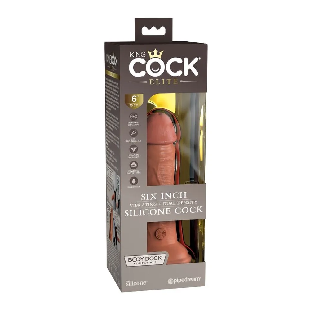 Emballage du gode réaliste King Cock Elite 6 pouces en silicone beige-rose, boîte marron avec fenêtre de visualisation du produit, étiquetage King Cock et Body Dock