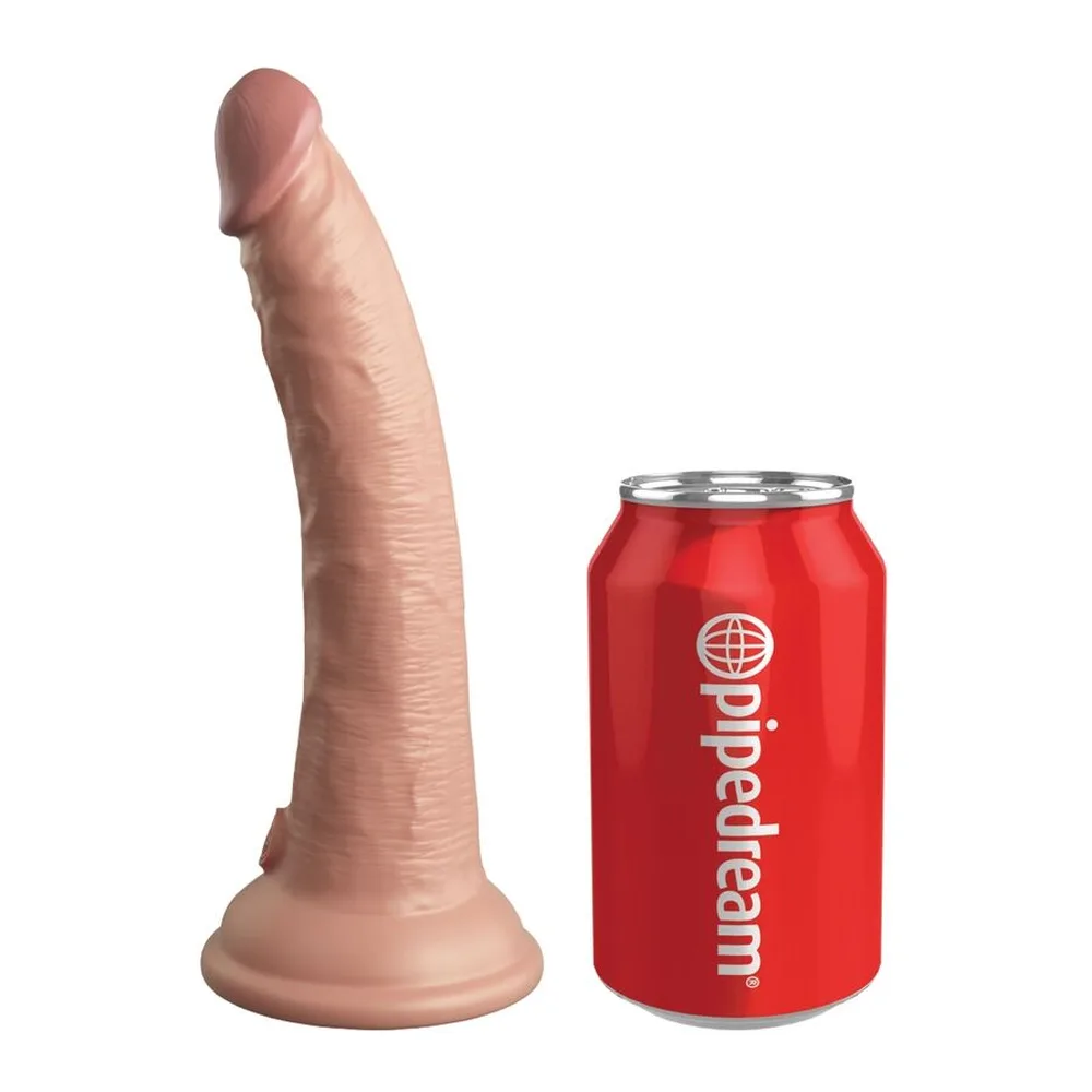 Gode réaliste en silicone double densité beige rosé, à base ventousée, avec tête arrondie et détails texturés, télécommande incluse, fond blanc