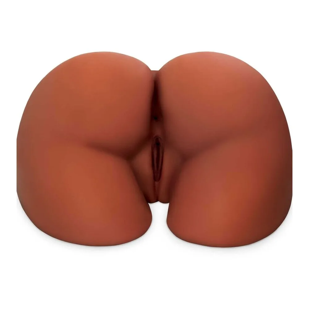 Masturbateur en TPE couleur terracotta en forme de fessiers avec deux ouvertures texturées, sur fond blanc