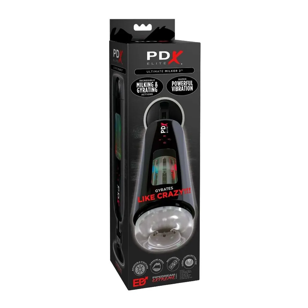 Masturbateur rotatif noir PDX avec fenêtre transparente laissant voir le mécanisme interne en dégradé vert-rouge, socle de ventouse noire, boutons de contrôle rouges