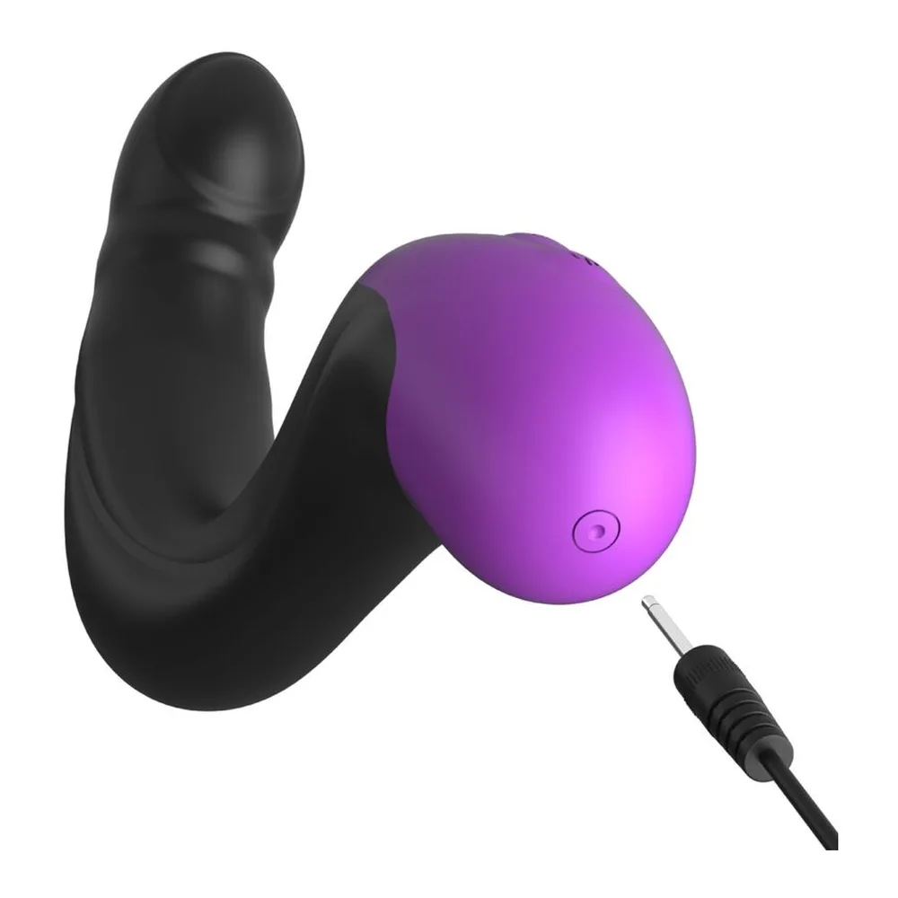 Stimulateur de prostate en silicone noir avec tête bulbeuse violette, corps incurvé et poignée ergonomique déportée, sur fond blanc