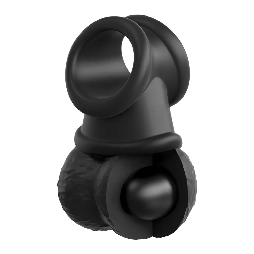 Cockring noir en silicone avec anneau en C et deux boules lestées texturées suspendues, bouton de commande sur le côté, fond blanc