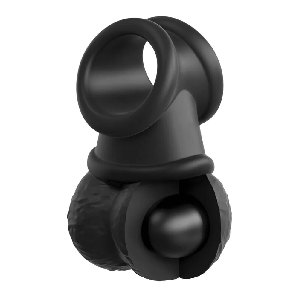 Ensemble gode-ceinture en silicone noir composé d'un harnais réglable et d'un gode à base sphérique, vue de trois quarts