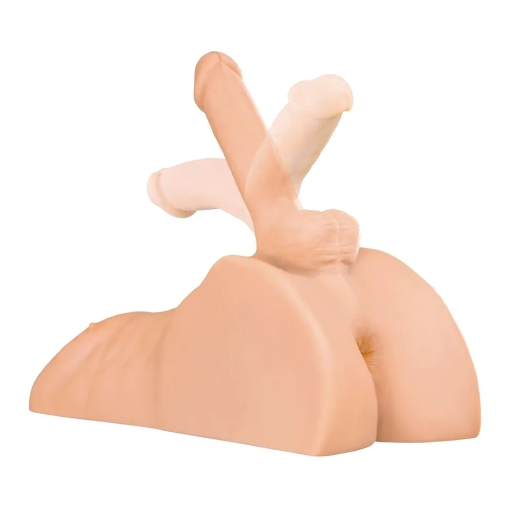 Masturbateur en silicone couleur chair avec trois pénis orientables et cavité anale surélevée, design anatomique détaillé