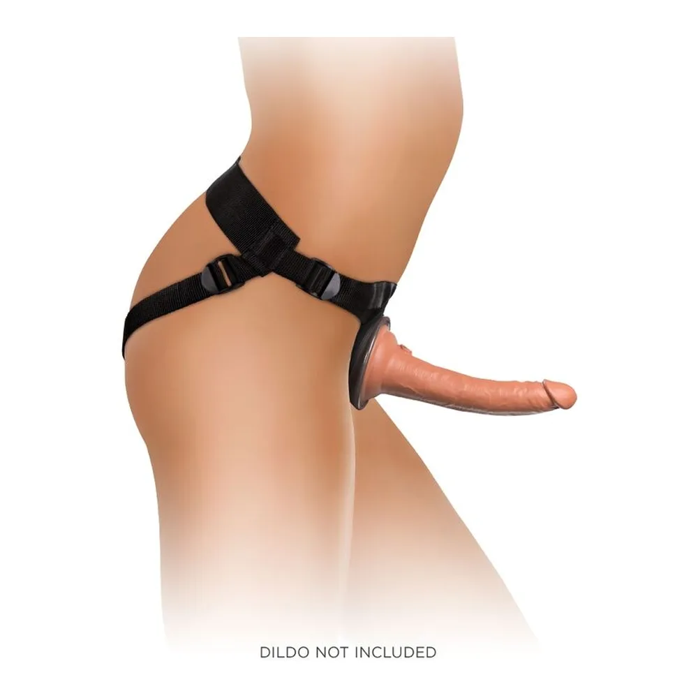 Harnais réglable noir avec sangle horizontale et verticale, boucles de fixation, porté de profil sur mannequin sans produit