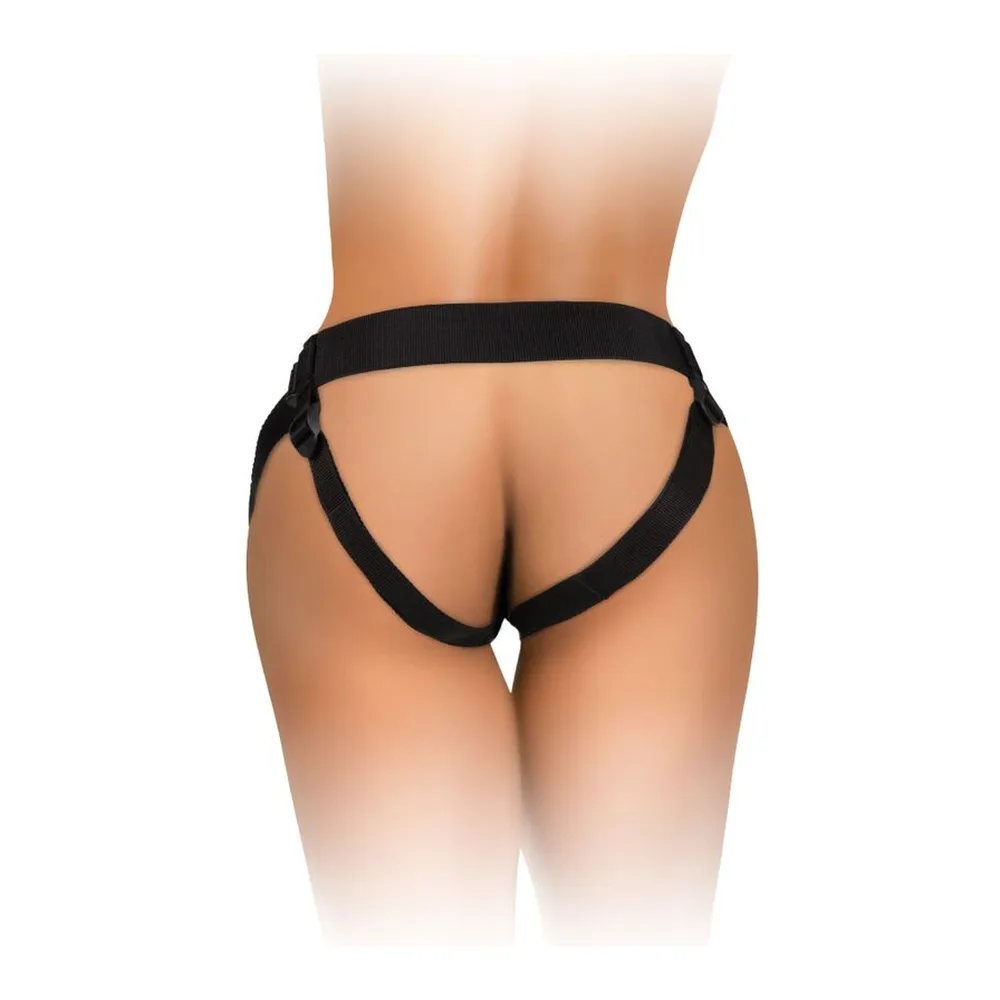 Harnais réglable noir avec sangle horizontale et verticale, boucles de fixation, porté de profil sur mannequin sans produit