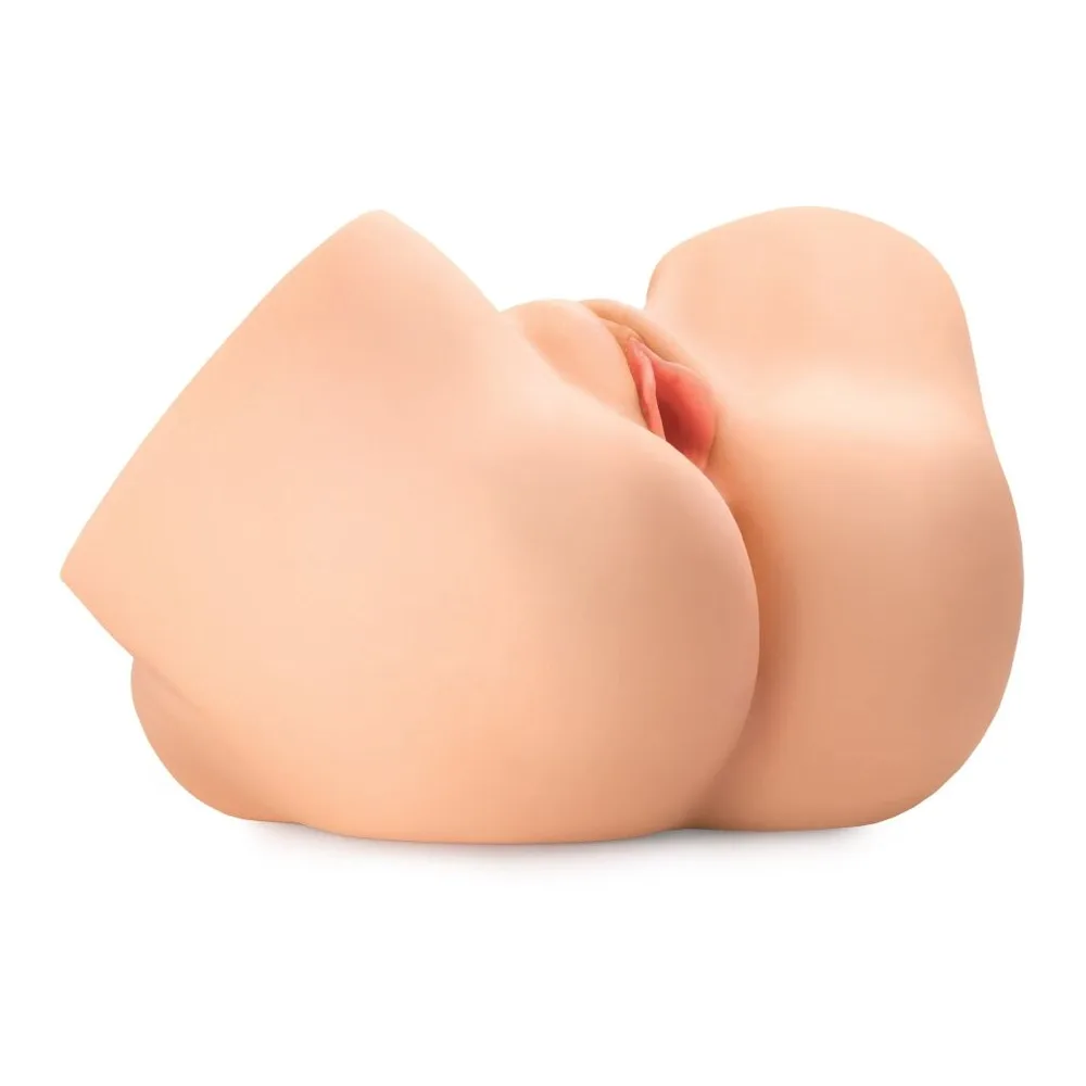 Masturbateur en silicone chair avec détails anatomiques, structure extensible permettant différentes positions d'utilisation, sur fond blanc