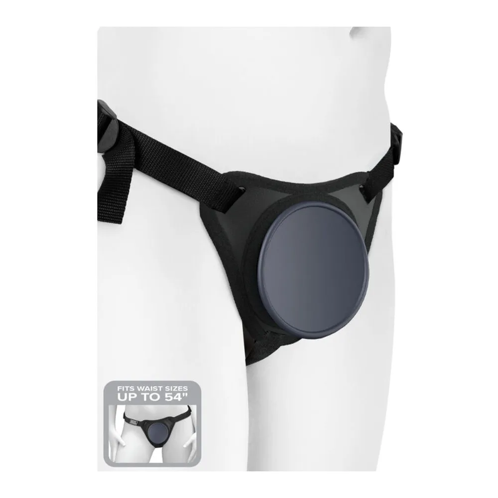 Harnais noir avec sangle réglable, doté d'une poche circulaire grise pour gode à ventouse, présenté sur mannequin blanc avec indication « taille jusqu'à 54 pouces »