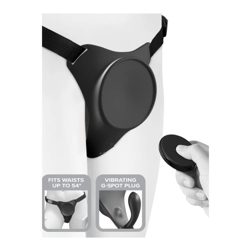 Harnais de strap-on noir avec gode vibrant à ventouse, sangle ajustable, télécommande sans fil et emballage montrant les détails d'ajustement