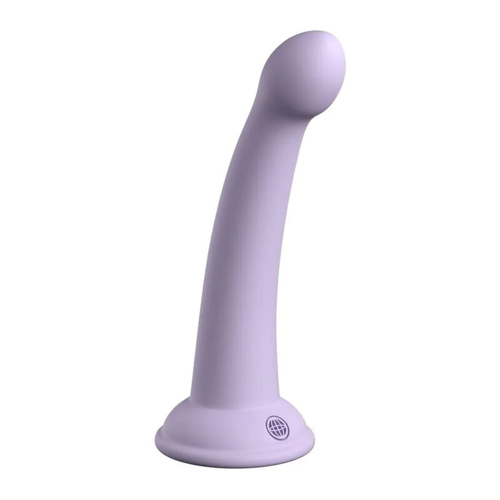 Gode en silicone lavande lisse et brillant, courbé avec extrémité arrondie, sur base ventouse plate avec logo