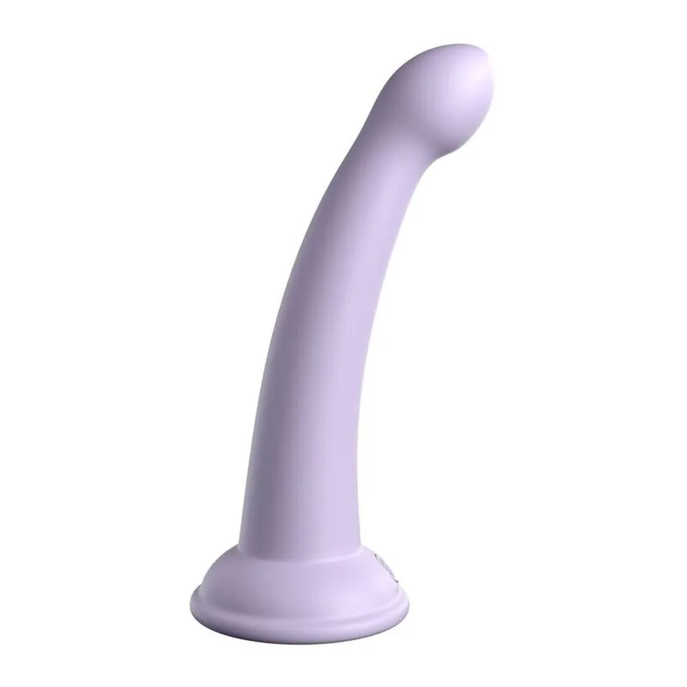 Gode en silicone lavande lisse et brillant, courbé avec extrémité arrondie, sur base ventouse plate avec logo