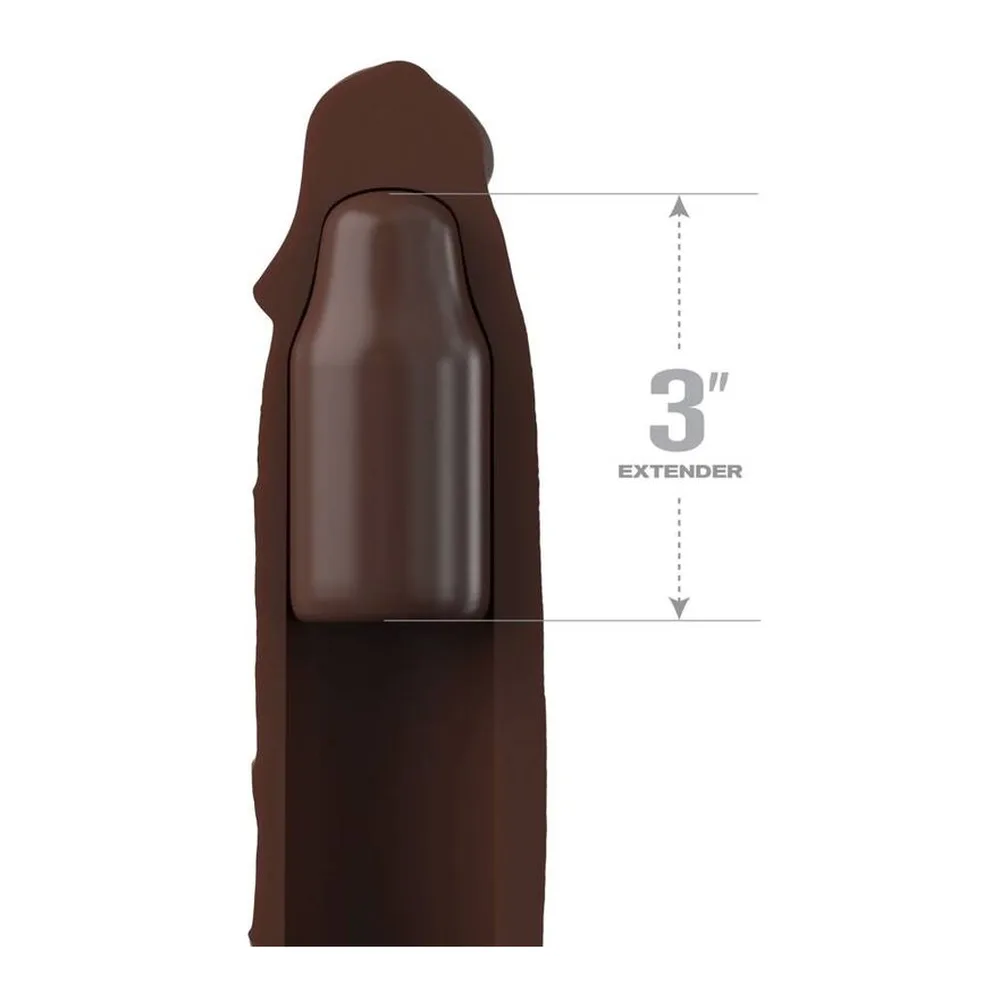 Gaine rallonge en silicone marron avec extension de 3 pouces, affichage des dimensions et du mécanisme d'extension amovible