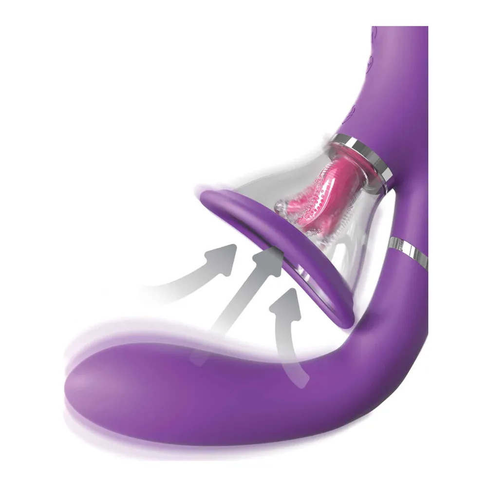 Stimulateur simultané violet avec ventouse transparente contenant perles roses, bras de stimulation courbe et langue motorisée, détails argentés, sur fond blanc