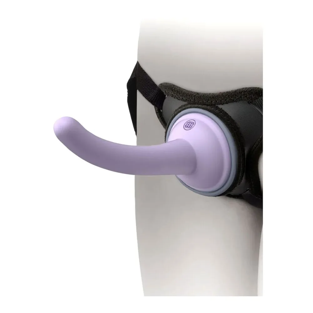 Gode-ceinture SE harnais body dock : harnais noir avec plaque d'aspiration violette, gode courbe en silicone violet clair fixé sur plaque circulaire