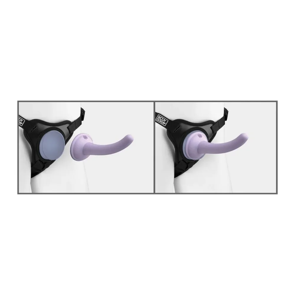 Gode-ceinture SE harnais body dock : harnais noir avec plaque d'aspiration violette, gode courbe en silicone violet clair fixé sur plaque circulaire