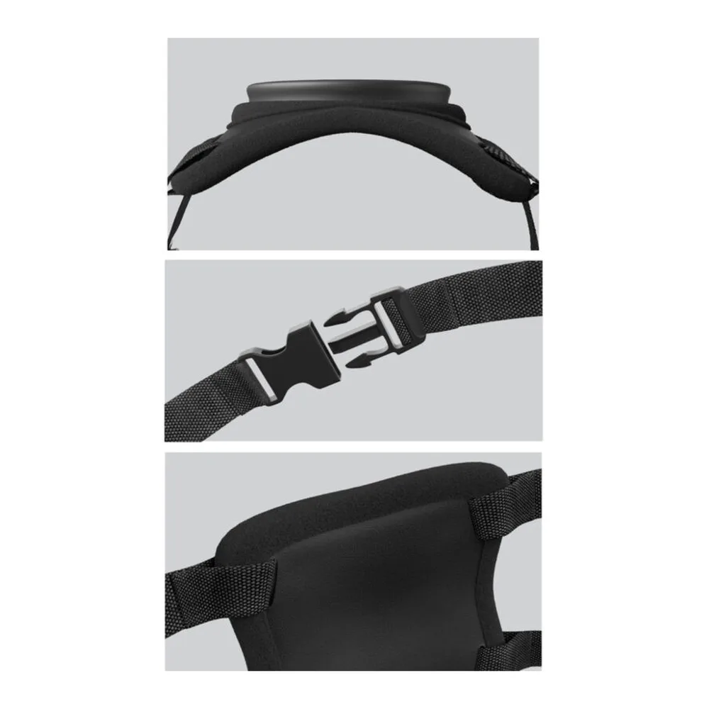 Ceinture de harnais noir avec sangle textile ajustable, boucle métallique et zone de fixation en silicone, vue d'ensemble, détail de la boucle et de la poche