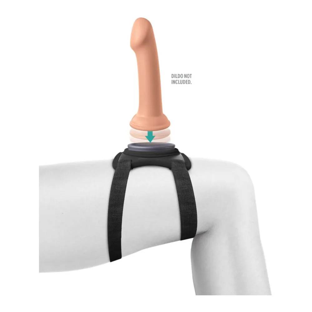Ceinture de harnais noir avec sangle textile ajustable, boucle métallique et zone de fixation en silicone, vue d'ensemble, détail de la boucle et de la poche