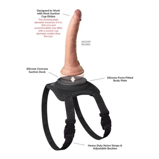 Body Dock Lap Strap bouclé autour d'une cuisse, gode à ventouse fixé sur la plaque