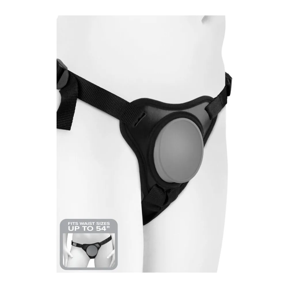 Body Dock Elite Mini noir en silicone avec sangle ajustable et petite plaque ventousée, porté sur mannequin blanc, bandeau indiquant compatibilité jusqu'à 54 pouces de tour de taille
