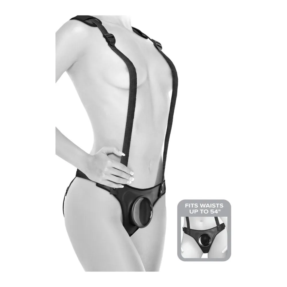 Gode-ceinture noir avec harnais ajustable porté sur mannequin blanc, bretelles larges sur les épaules et ceinture basse, compatibilité jusqu'à 54 cm de tour de taille affichée