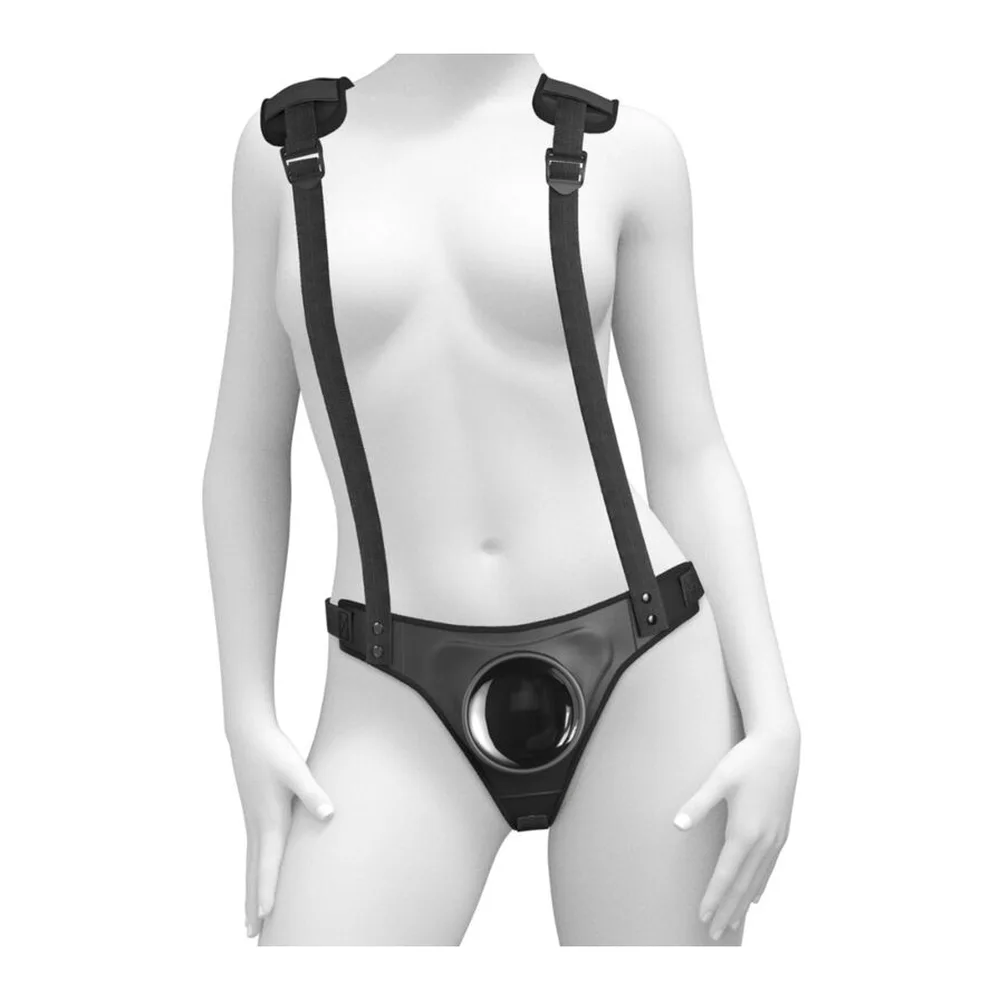 Gode-ceinture noir avec harnais ajustable porté sur mannequin blanc, bretelles larges sur les épaules et ceinture basse, compatibilité jusqu'à 54 cm de tour de taille affichée