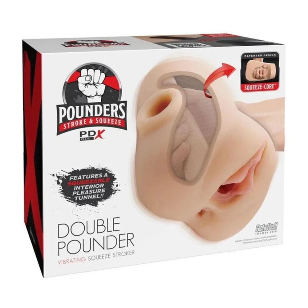 Masturbateur en silicone clair avec deux ouvertures textiles, forme ergonomique arrondie, sur fond blanc