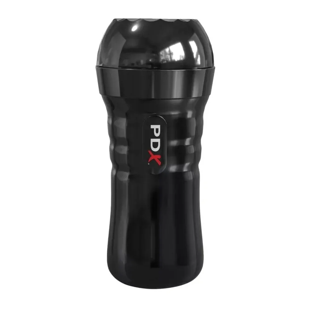 Masturbateur cylindrique noir avec insertion en silicone chair et détails anatomiques, bouton de commande sur le corps, fond blanc