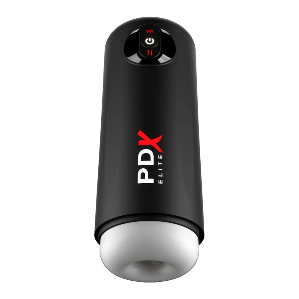 Masturbateur noir cylindrique PDX Elite avec base blanche, boutons de contrôle rouge et blanc sur le dessus, logo PDX ELITE en blanc et rouge sur le corps